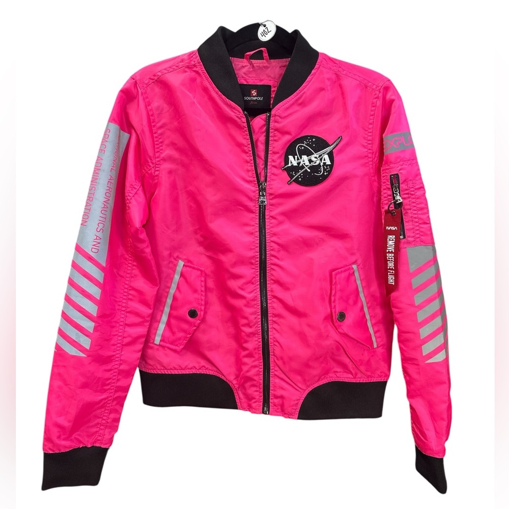South Pole NASA Hot Pink Bomber Jacket Space Patch Festival Grunge Jr M - Picture 2 of 8